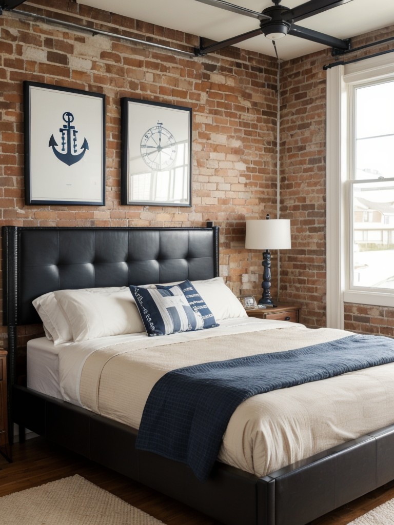 Nautical vibes: Transform your bedroom with exposed brick, metal accents, and a leather bed frame!