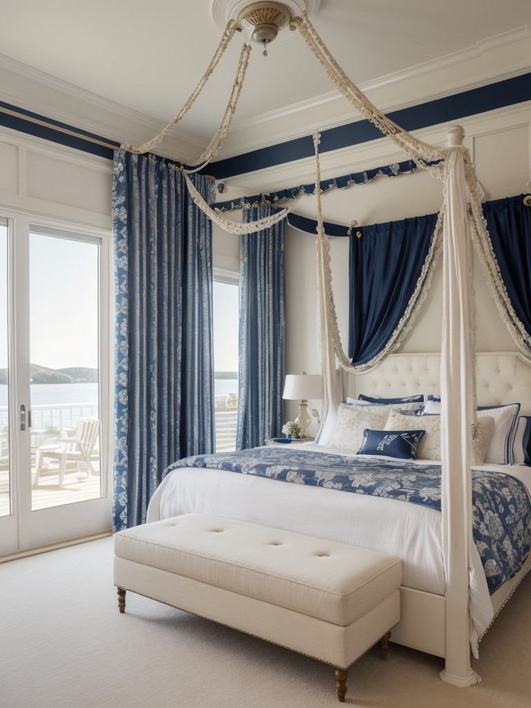 Sail away: Elegant nautical bedroom with canopy bed and floral patterns.