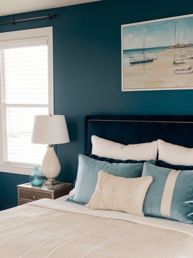 Beach-Inspired Bedroom: Nautical Decor with Velvet Accents