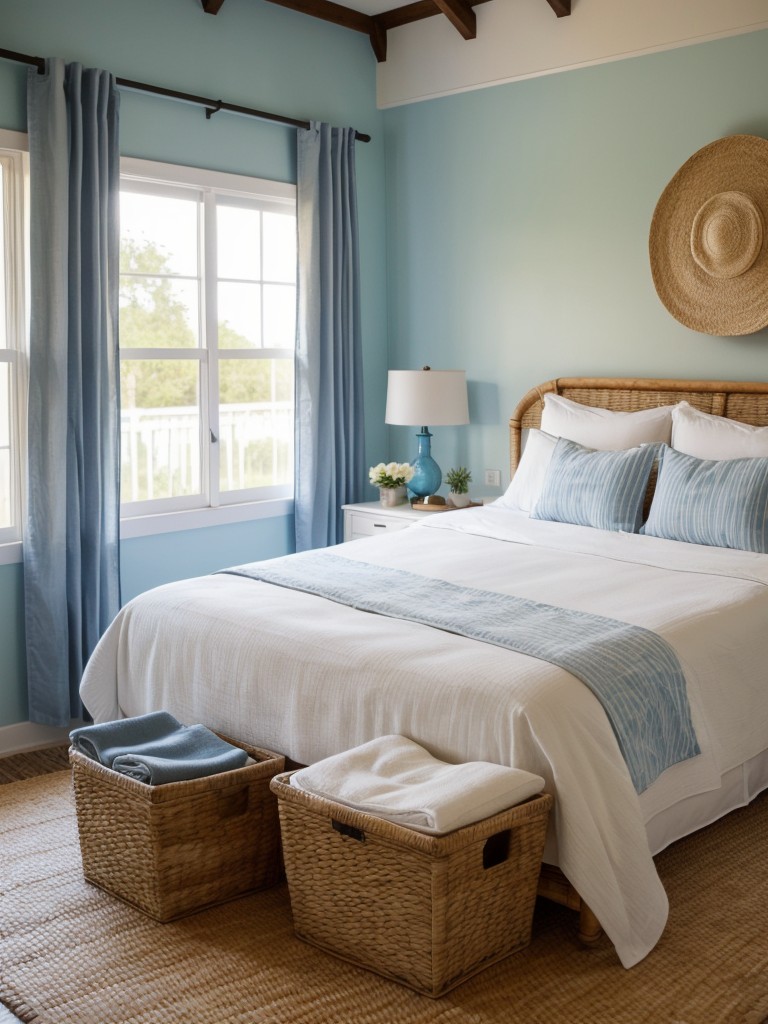 Coastal Vibes: Nautical Bedroom Decor with Wicker Storage. ?