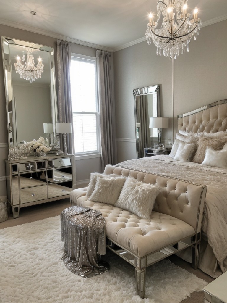 Glam and Vintage: Elevate Your Bedroom with Mirrored Vanity and Crystal Chandelier!