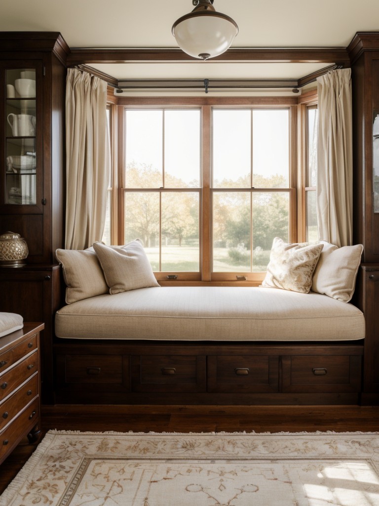 Vintage-inspired apartment: Cozy reading nook with built-in window seat and steamer trunk side table