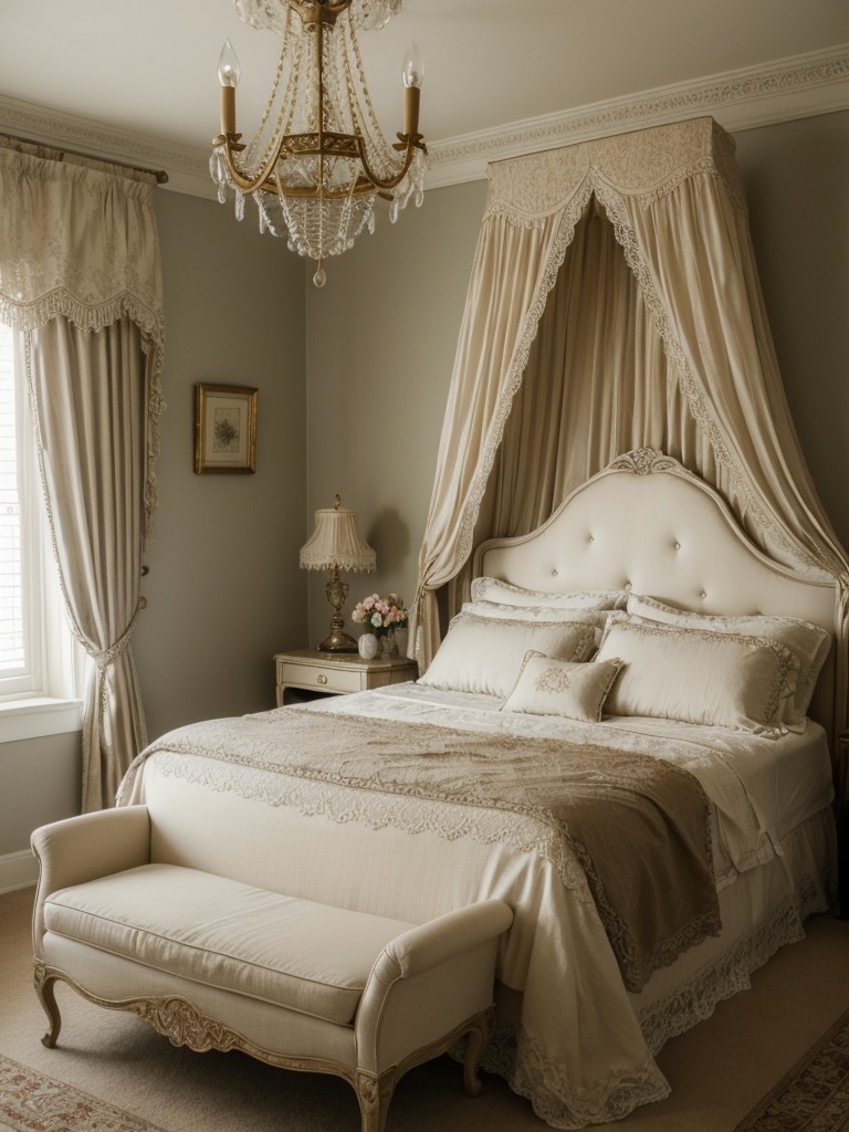 Romantic Vintage Bedroom Decor. Chandelier, lace curtains, embroidered pillows.