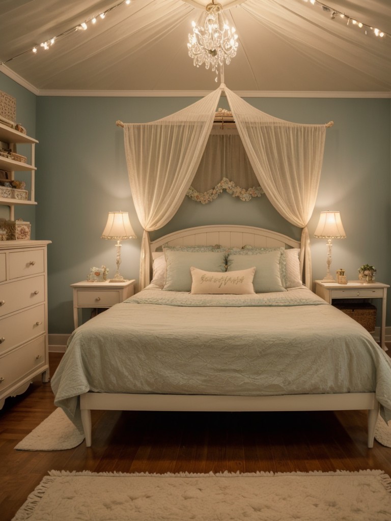 Charming Vintage Bedroom Ideas: Canopy Bed, Fairy Lights, Dolls