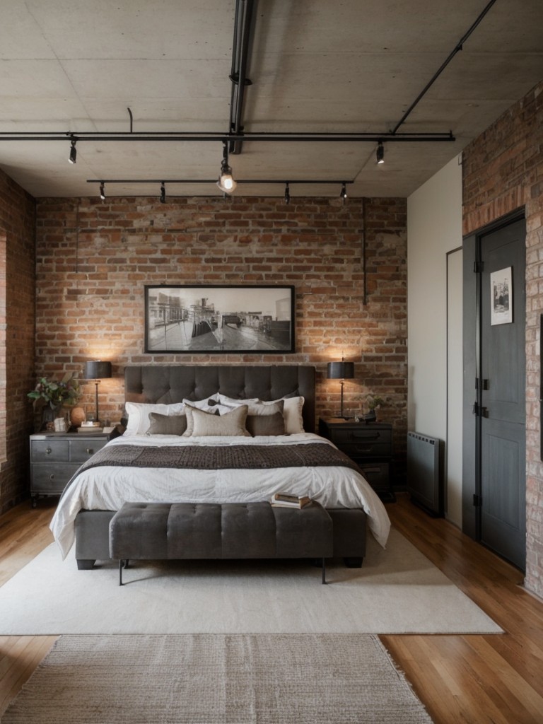 Chic Industrial Bedroom: Exposed Brick, Metal Accents, Concrete Vibes