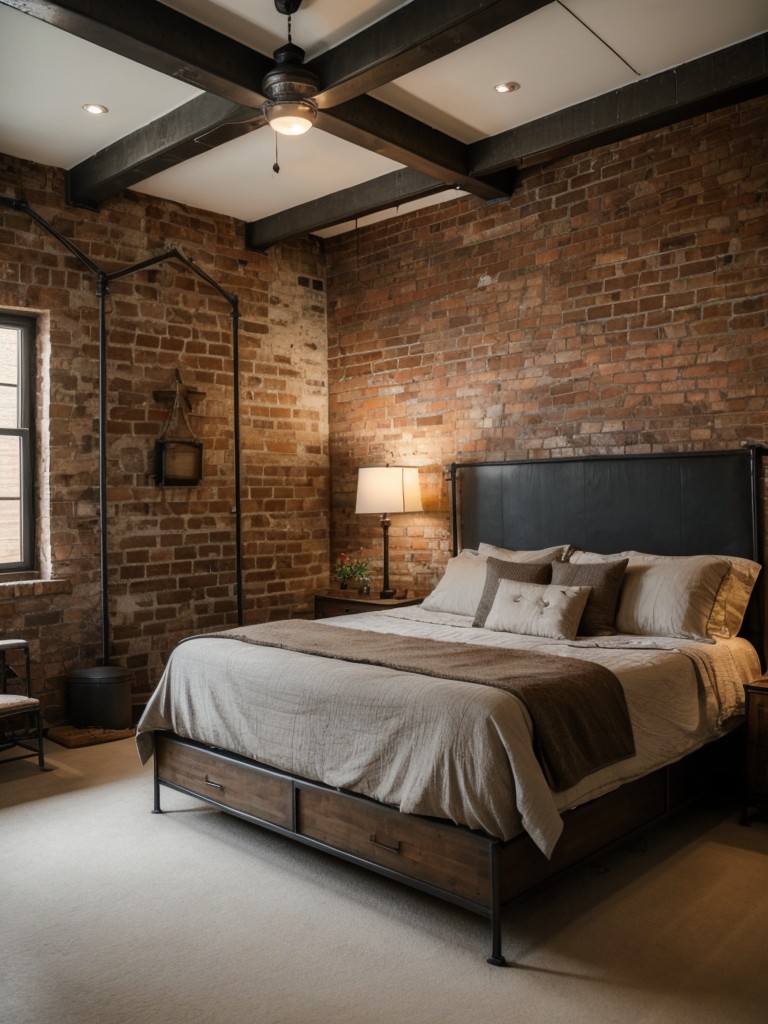 Industrial Chic: Vintage Bedroom with Exposed Brick and Metal Accents