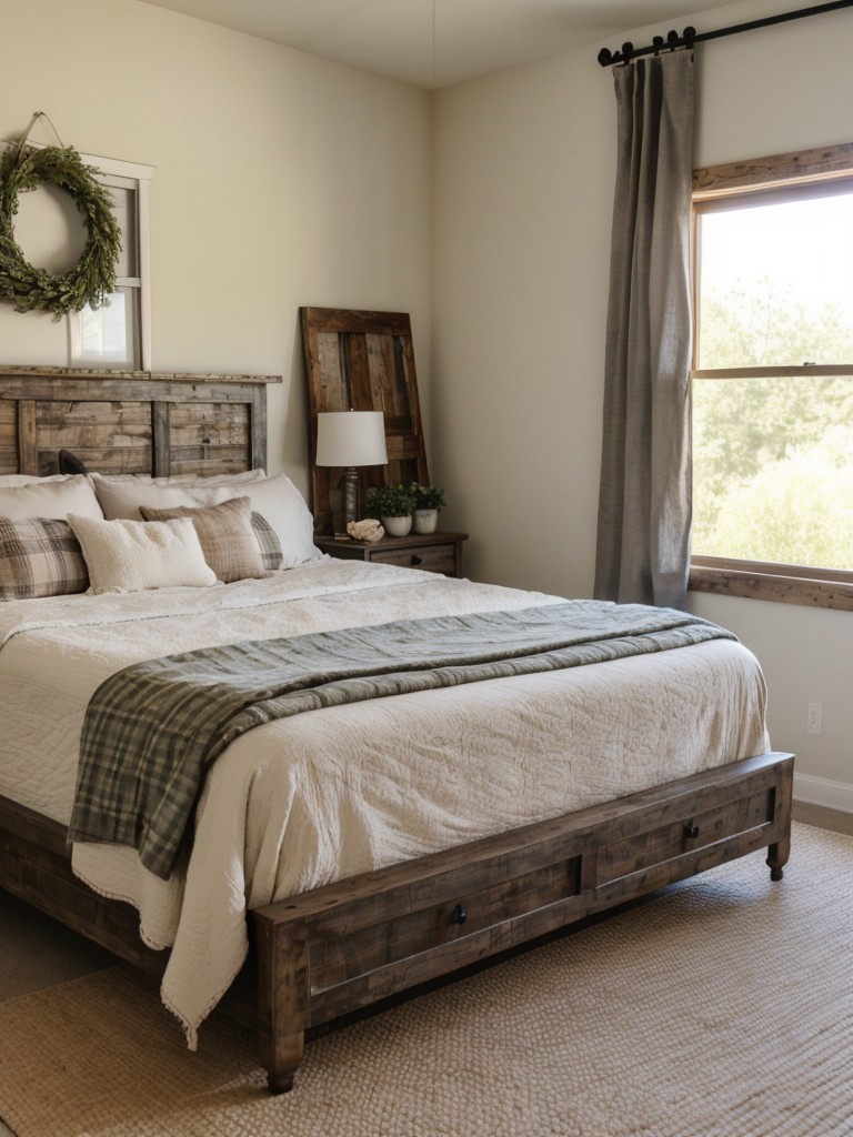 Vintage Rustic Oasis: Barn Door Headboard, Distressed Wood Furniture, Cozy Plaid Accents