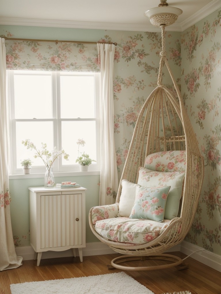 Whimsical Vintage Bedroom Inspiration: Hanging Chairs, Wallpaper, and Art Prints!