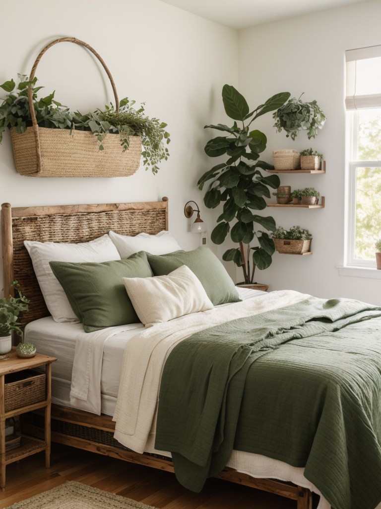 Vintage Chic Apartment Vibes: Wood Headboard, Woven Baskets, Green Plants!