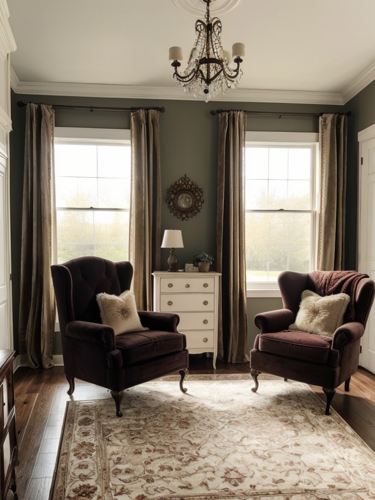 Cozy Vintage Bedroom Vibes: Plush armchair + faux fur rug = ultimate relaxation.