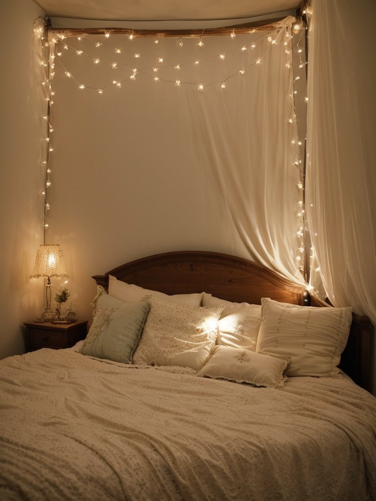 Vintage-inspired Apartment Bedroom: Create a Dreamy Ambiance with Fairy Lights!