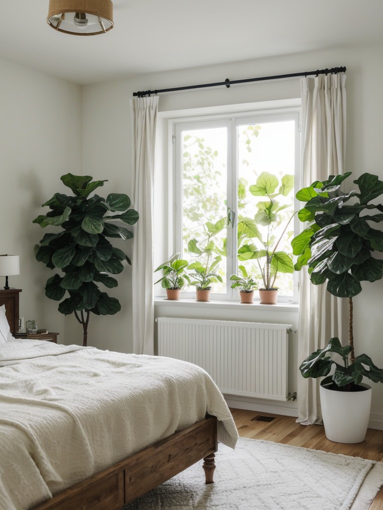 Nature-inspired Scandinavian bedroom with indoor plants