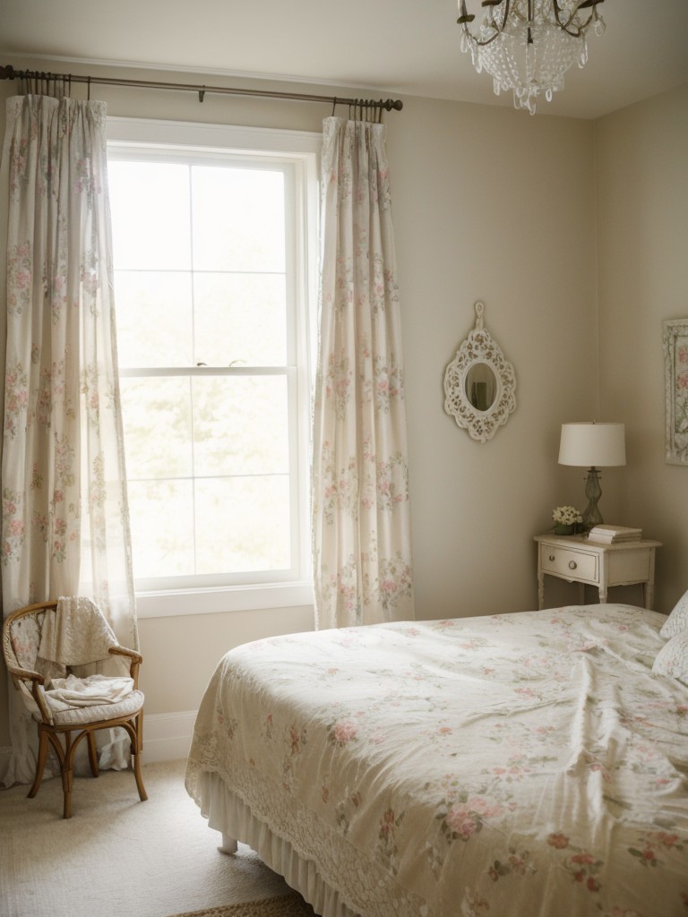 Romantic Vintage Bedroom Decor: Sheer Curtains, Lace Accents, Floral Wallpaper!