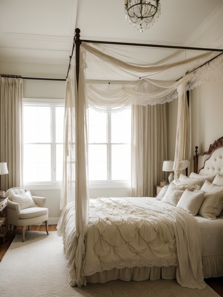 Vintage-inspired apartment bedroom: Dreamy canopied bed and delicate lace accents.