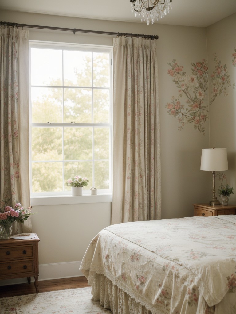 Cozy Vintage Apt Vibes: Lace Curtains & Floral Wallpaper Retreat.