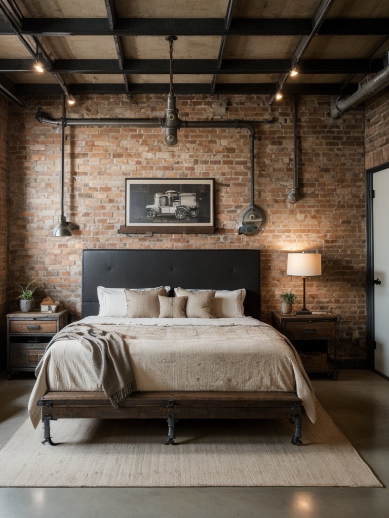 Vintage Industrial Bedroom Decor: Exposed Bricks, Distressed Wood Furniture, Metal Accents.