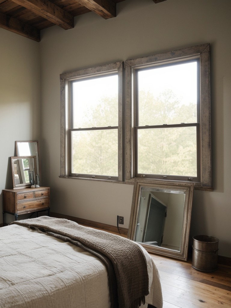 Vintage Industrial Bedroom: Metal Mirrors & Arched Windows for Style & Light!