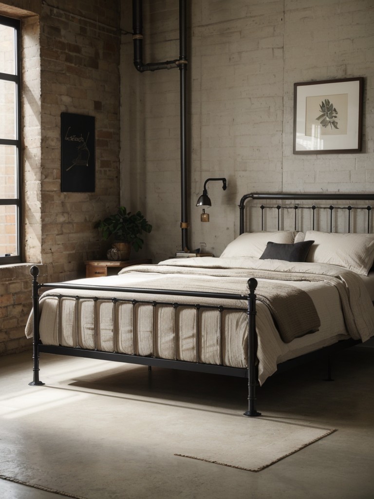 Sleek Vintage Industrial Bedroom: Metal Bed Frame or Piping Focal Point