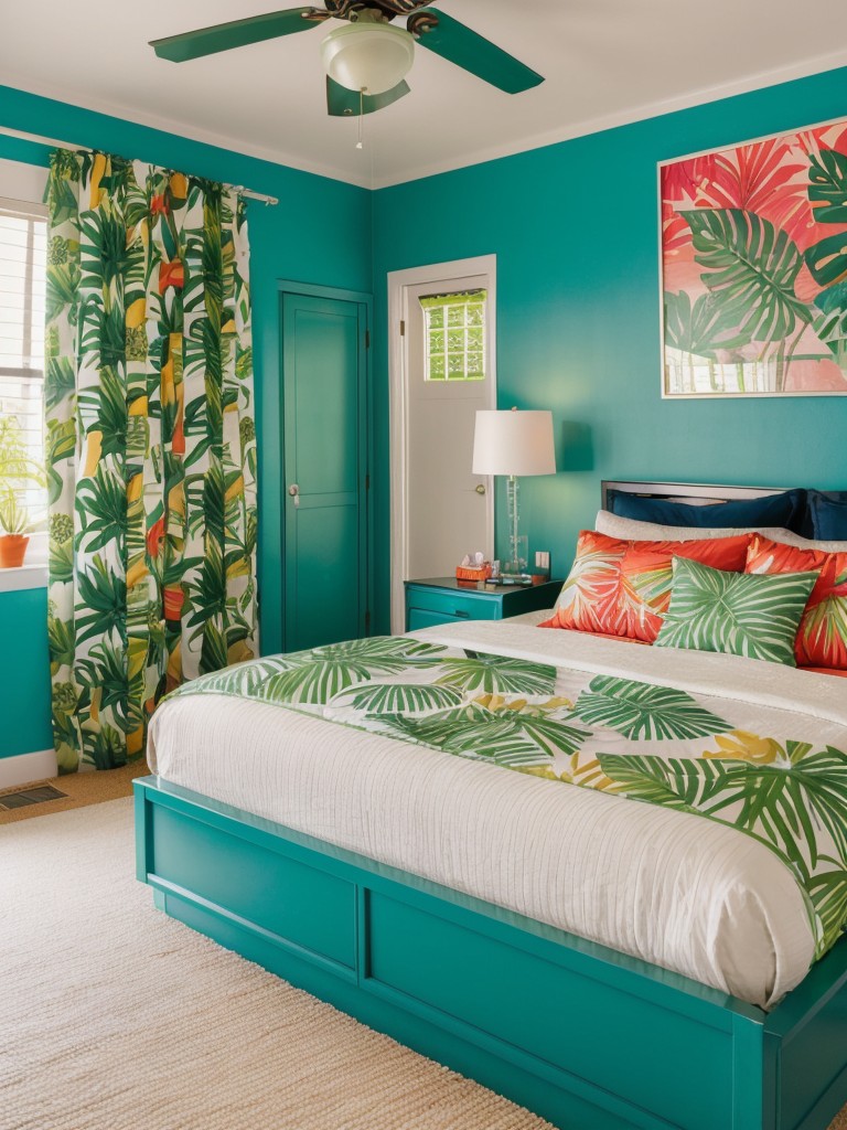 Create a Tropical Paradise in Your Bedroom with Bold Patterns and Lush Greenery!