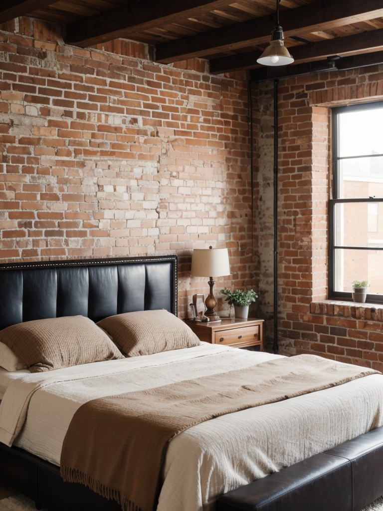 Cozy Loft Inspiration: Brick Walls, Exposed Beams, and Leather Headboard