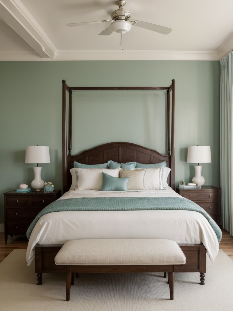 Retro Bedroom Oasis: Transform Your Space with Cool Hues & a Canopy Bed