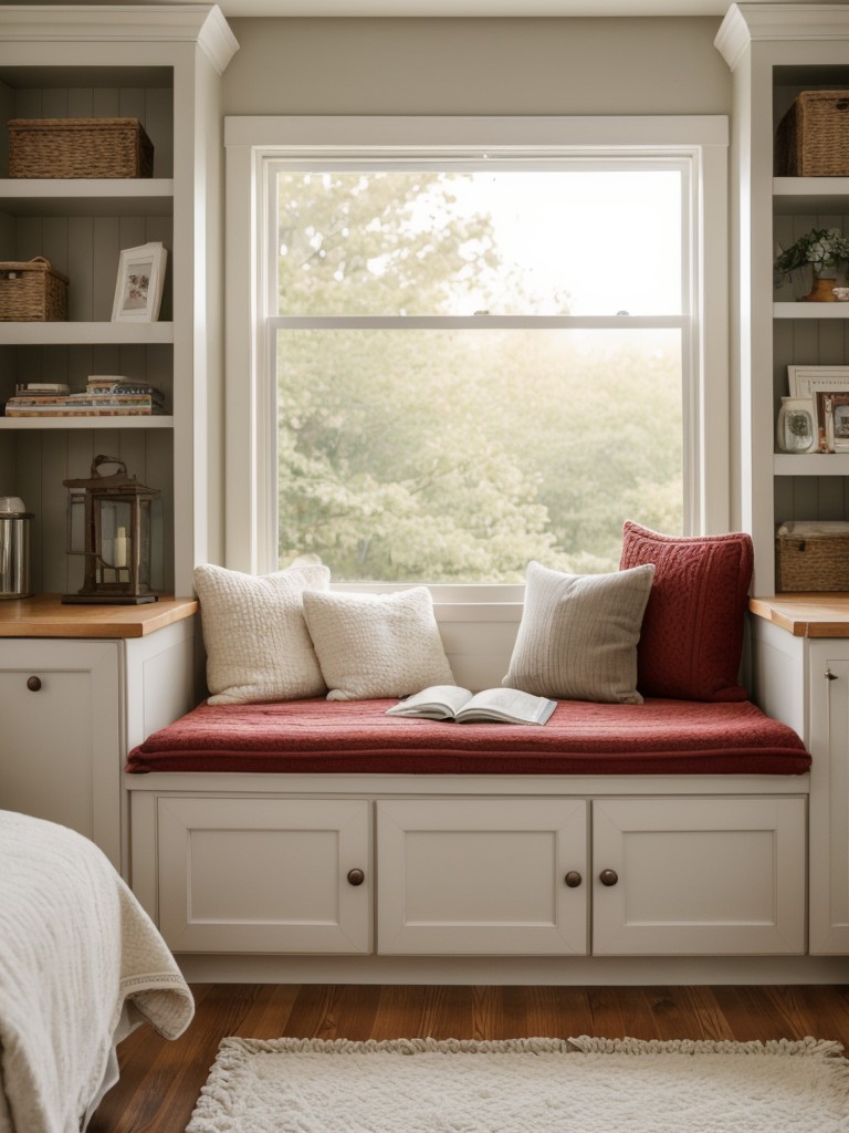 Cozy Retro Bedroom: Window Seat, Bookshelf Headboard, Throw Blankets!