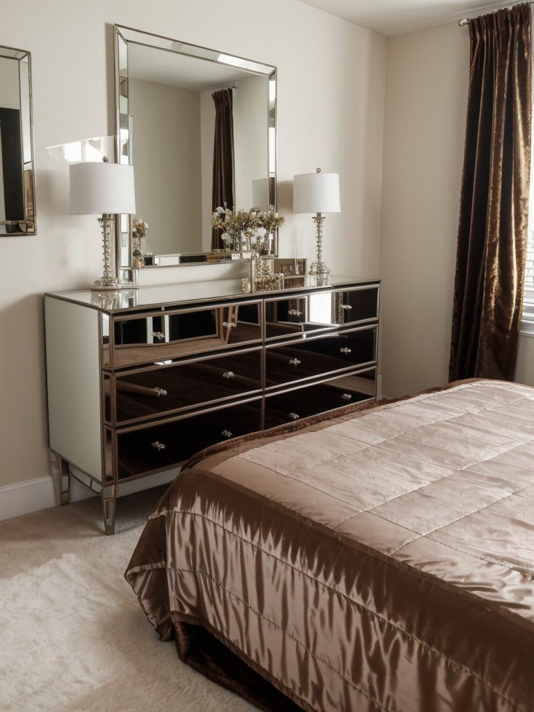 Retro Glam: Elevate Your Bedroom with Mirrored Dresser and Luxurious Velvet Bedspread