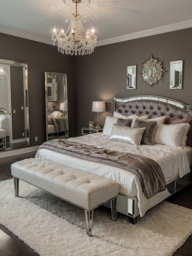 Retro Glam Bedroom: Chandeliers, Mirrors, and Fur Rugs!