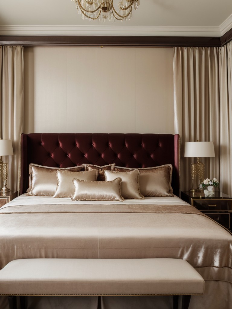 Luxurious Retro Bedroom: Velvet Drapes, Silk Bedding & Plush Upholstered Bench