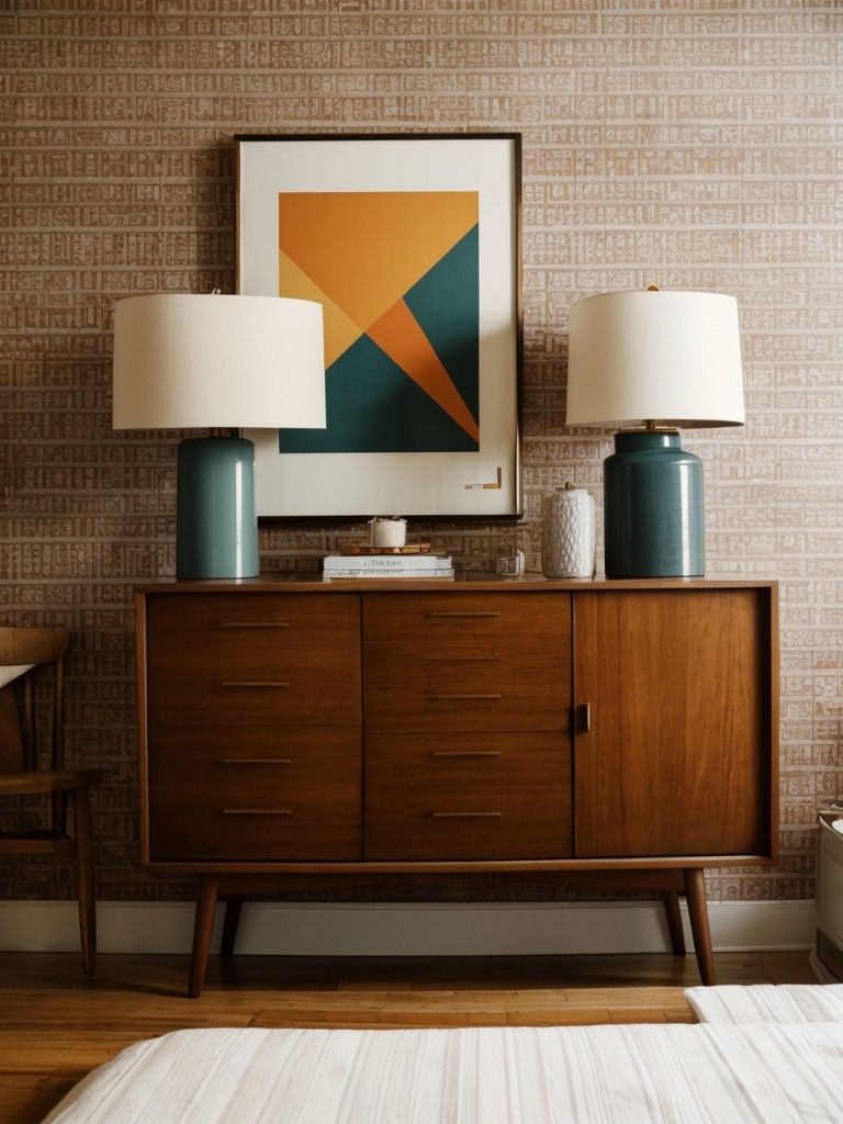 Timeless Retro Bedroom Decor: Bold Geometric Wallpaper & Vintage Art