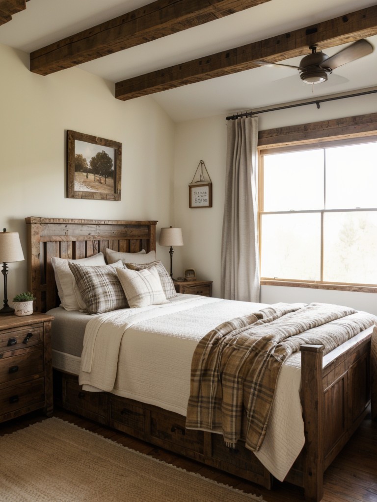 Retro-chic farmhouse bedroom: reclaimed wood, vintage fixtures, cozy blankets