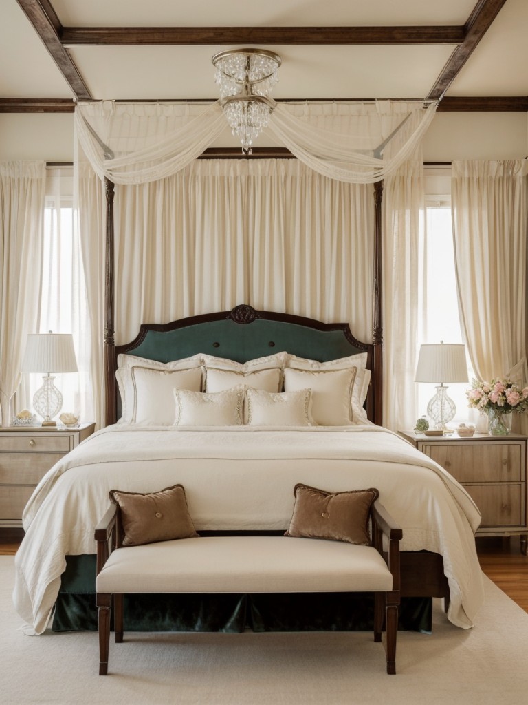 Retro Bedroom Bliss: Canopy Bed, Crystal Chandelier, Velvet Bench