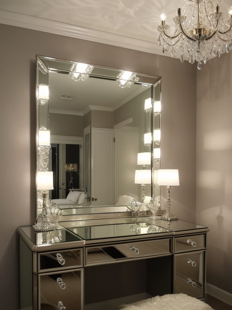 Chic Retro Bedroom Decor: Mirrored Vanity, Crystal Chandelier & Metallic Accents!