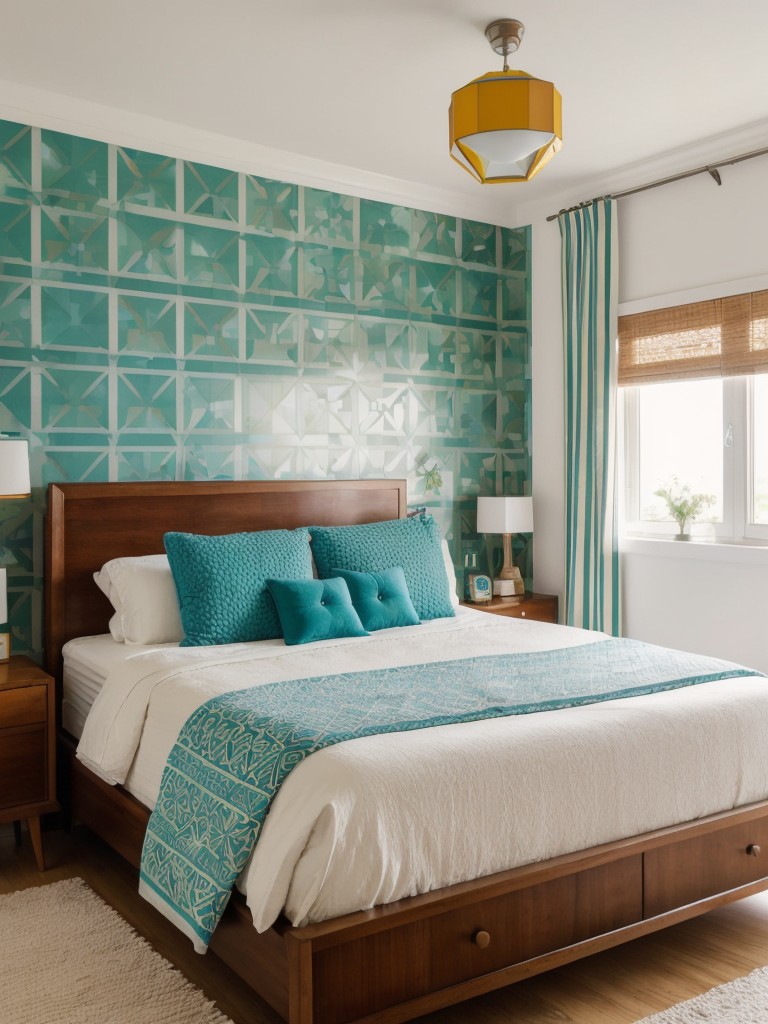 Retro Bedroom Bliss: Groovy Geometric Wallpaper Inspiration!