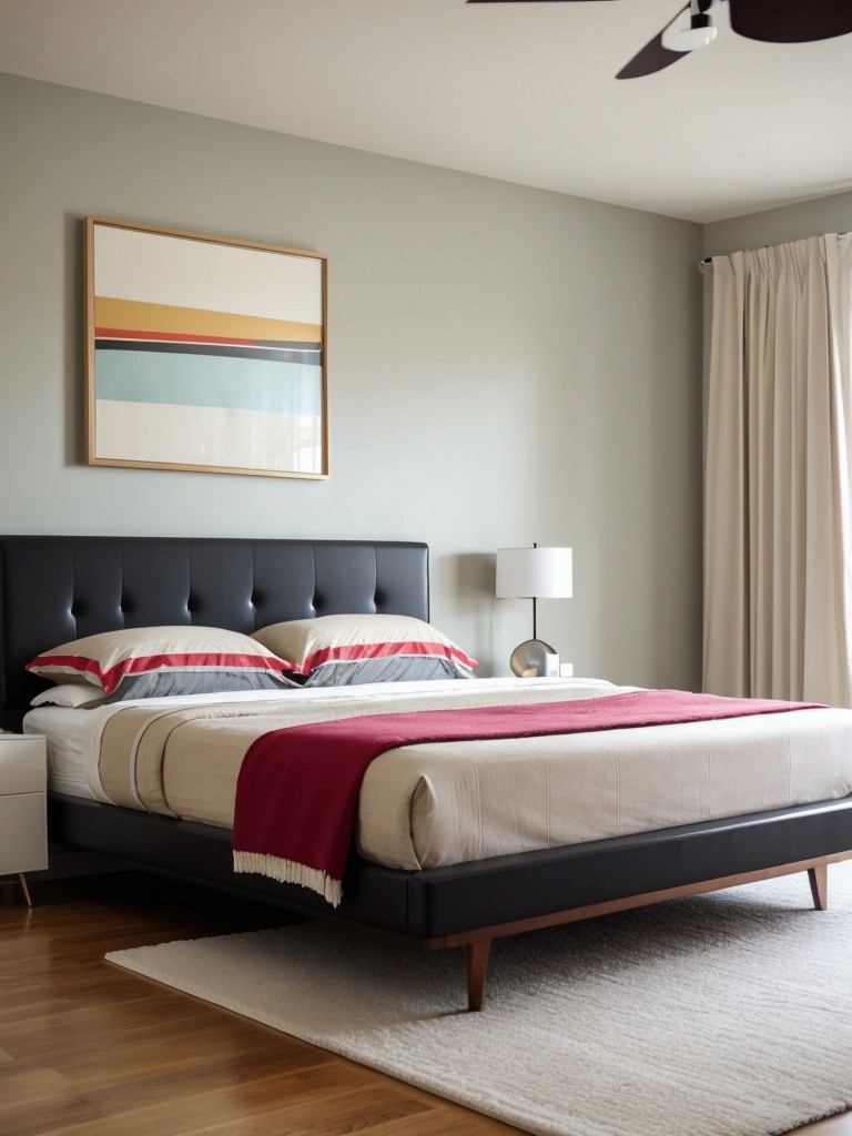 Sleek Retro Bedroom: Modern Platform Bed + Vibrant Pillows