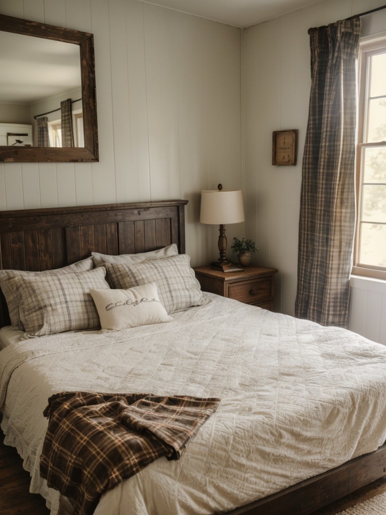 Farmhouse Chic: Retro Bedroom Ideas with Distressed Wood and Plaid Bedding