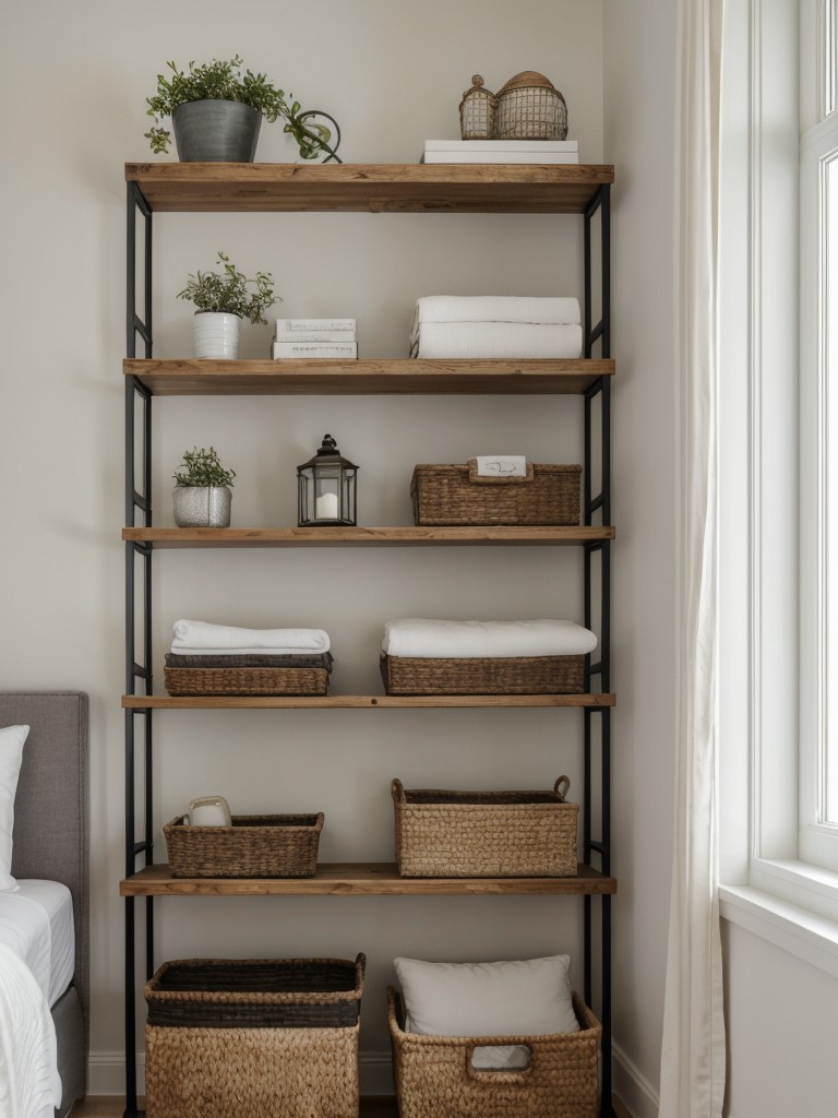 Sleek Scandinavian Bedroom: Maximize Space with Floating Shelves and Decorative Baskets!