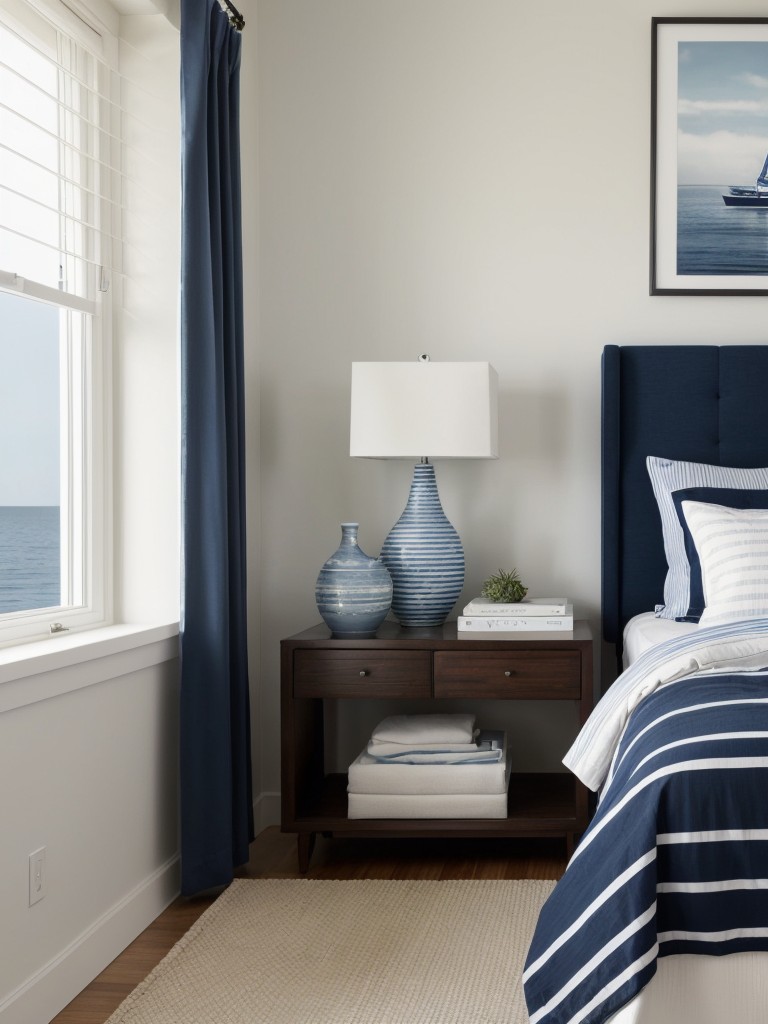 Coastal Chic: Transform your bedroom into a modern nautical sanctuary with navy and white accents