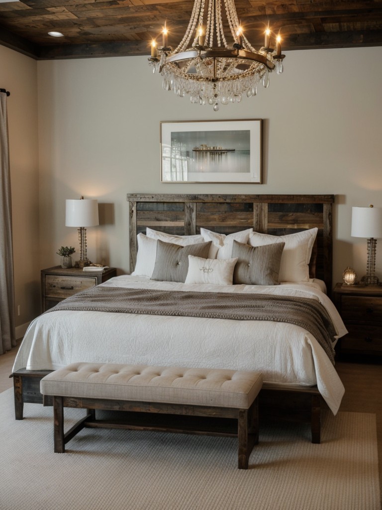 Stylish Zen Bedroom Decor: Create Serenity with Vintage Chandelier & Reclaimed Wood Headboard