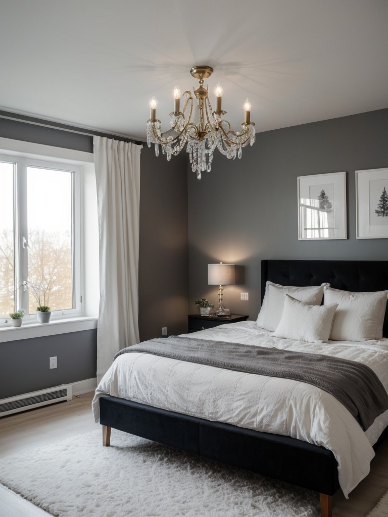 Dramatic Scandinavian Bedroom: Elevate Your Apartment with a Statement Chandelier