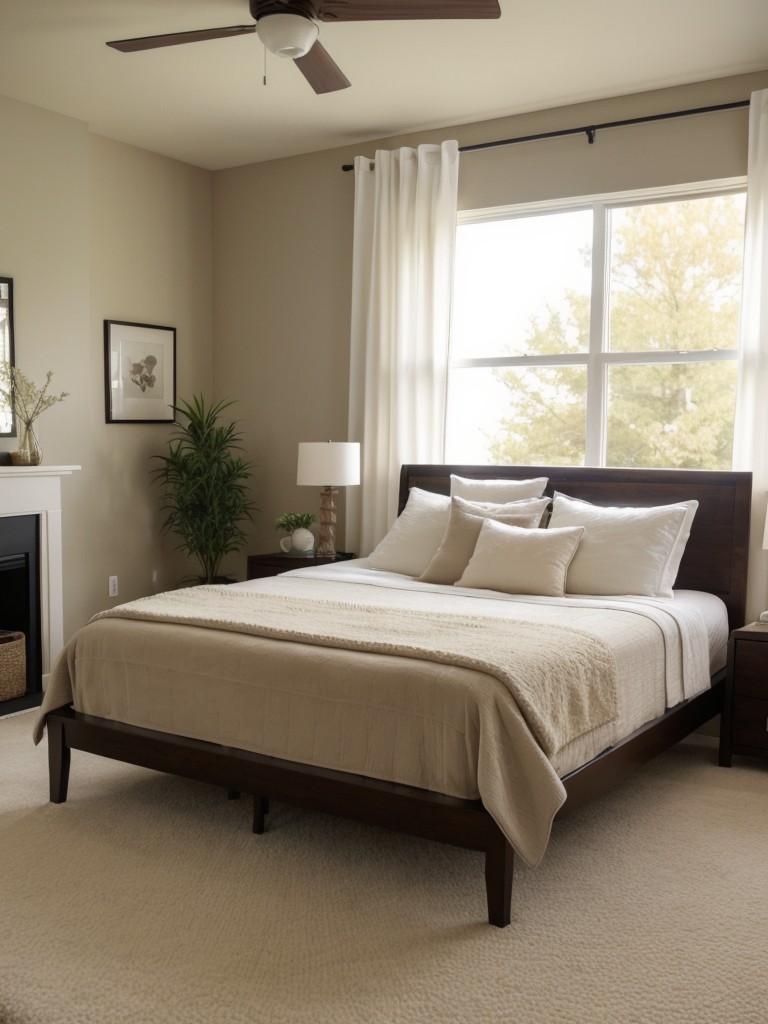 Serene Zen Bedroom: Soft Carpet and Textured Rug for Calming Vibes