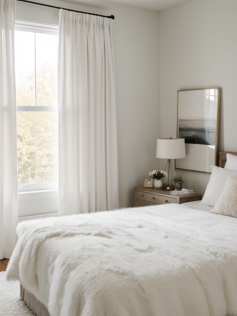 Serene White Bedroom Retreat: Soft Curtains, Plush Bedding, Fluffy Rug