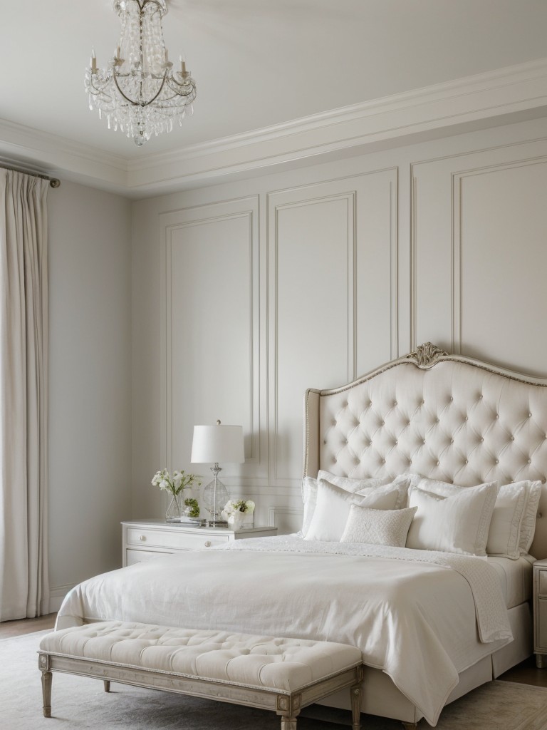 Serene White Bedroom: Timeless Elegance with Tufted Headboard & Crystal Chandelier.