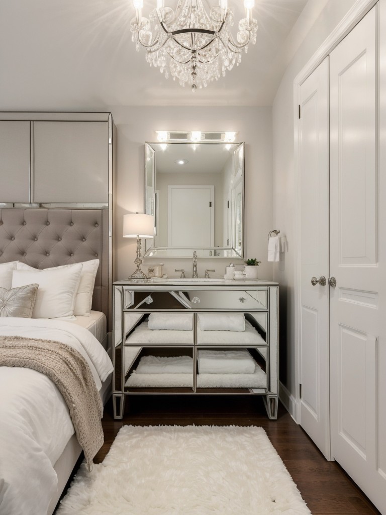 Cozy Oasis: Glamorous White Bedroom Decor with Mirrored Vanity & Crystal Chandelier