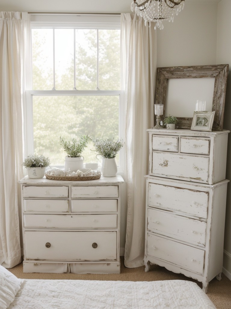 Chic White Bedroom: Distressed Dresser, Vintage Frames, Lace Curtains!