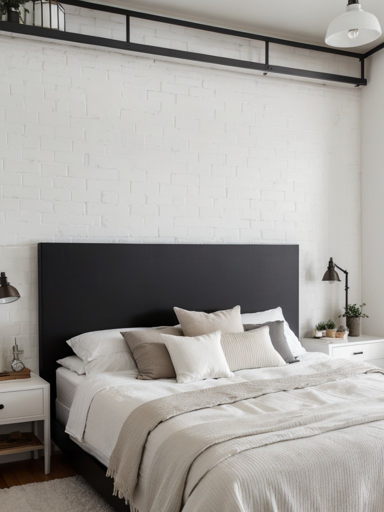 Cozy industrial bedroom decor with metal frame, brick walls, and minimalist lighting