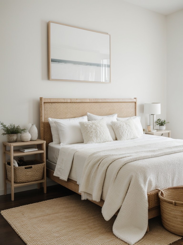 Minimalistic White Bedroom Retreat: Add Texture and Warmth with Faux Fur Rug & Woven Baskets!