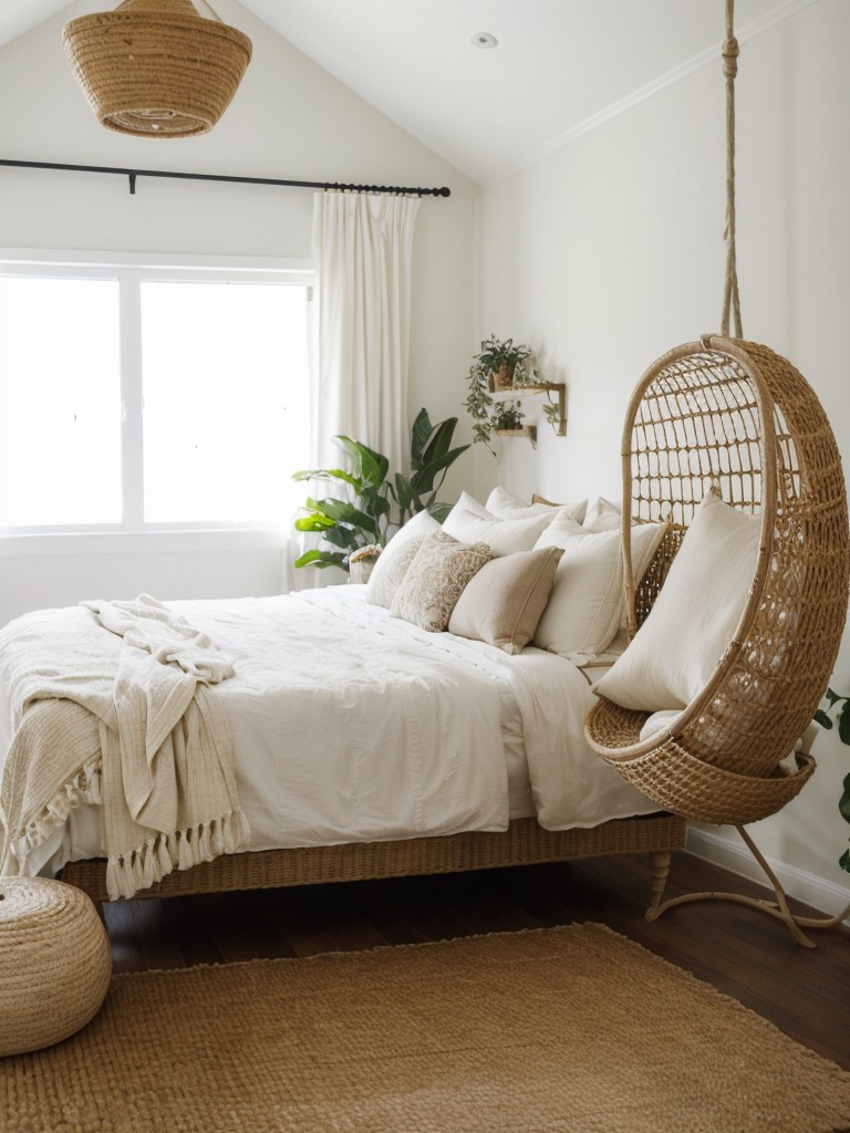 Nature-inspired Bliss: Organic Bedroom Decor with Rattan, Prints, and Jute Rug