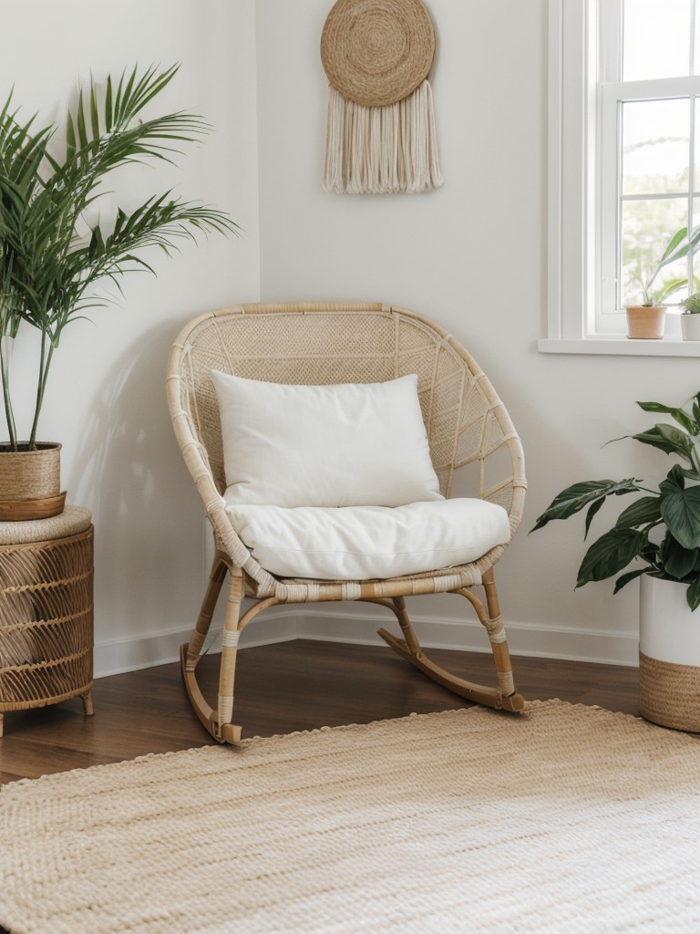 Modern White Bedroom with Natural Elements: Rattan Chair, Plants & Woven Rug