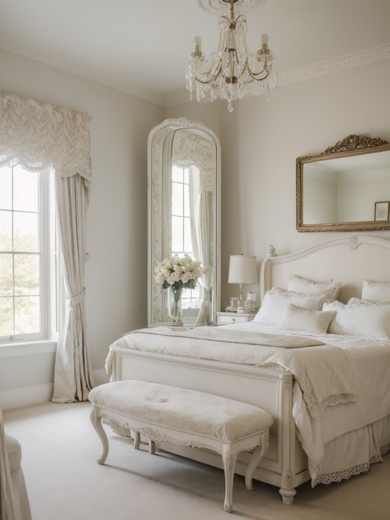 Vintage-inspired bedroom: Lace curtains, antique vanity, ornate mirrors